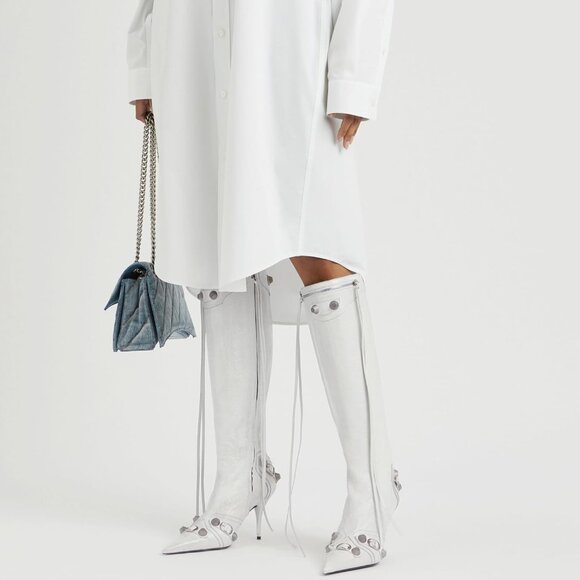 Women's Faux Leather White Stiletto Knee High Pointed Toe High Heel Zipper Boots - Picture 6 of 6